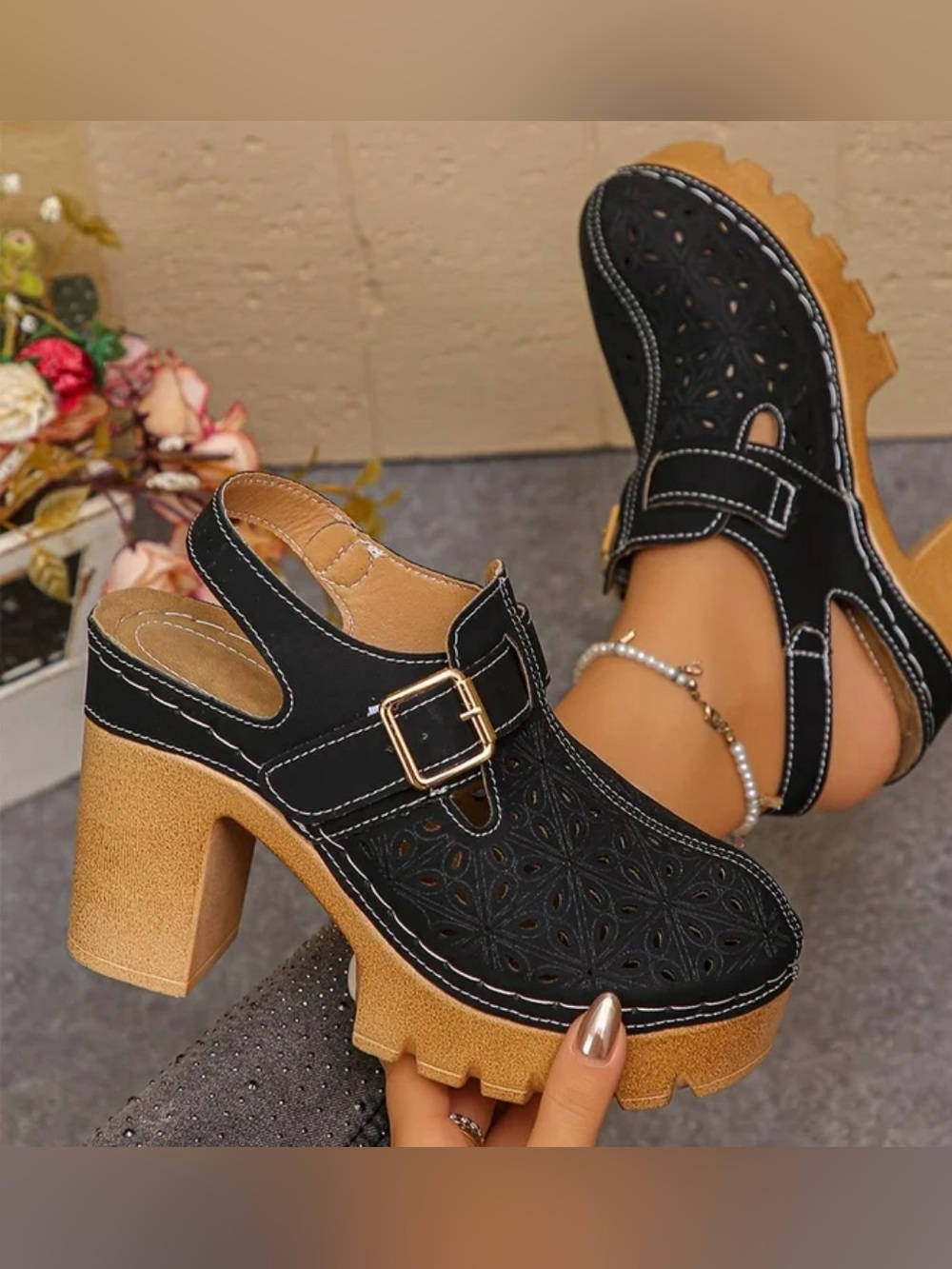 Black Cutout Slingback Block Heel Clog with Buckle — Women